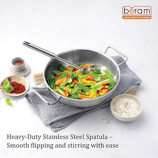 BERAM Cooking Utensils Set 304 Stainless Steel 6 Pieces Soup Spoon Spatula Slotted Turner Rice Scoop Pasta Server Skimmer Food Grade Kitchen Tools with Bamboo Shaped Handles