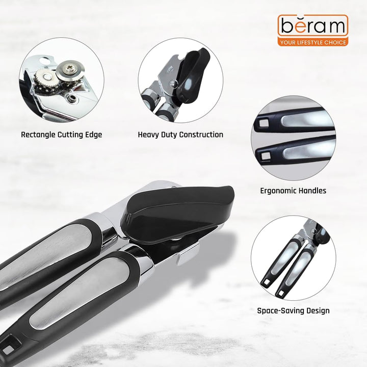 BERAM Manual Can Opener with Rectangular Edge – Heavy Duty Stainless Steel Multi-Opener with Built-In Bottle Opener – Anti-Slip Grip, Large Turn Knob, Handheld Tool, Black