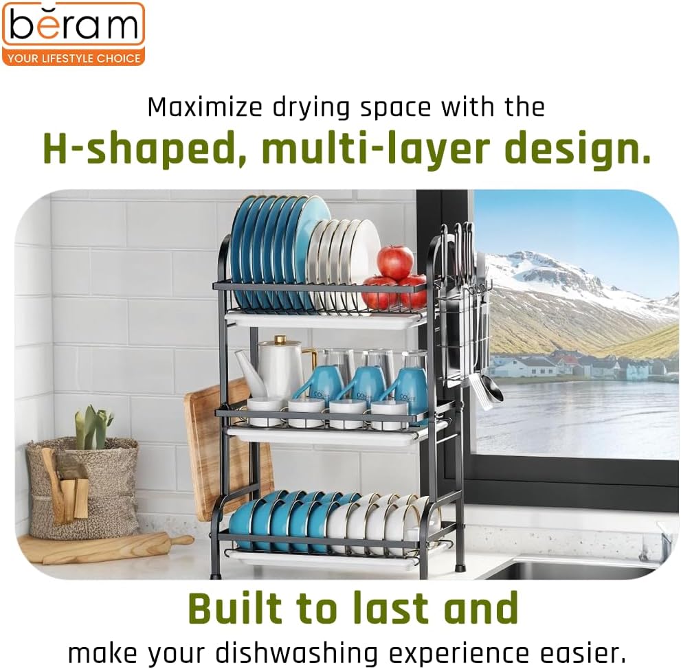 BERAM 3-Tier Dish Drying Rack – Rust-Proof Carbon Steel Kitchen Organizer with Utensil Holder, Knife Block, Cutting Board Rack & Drip Tray – Black