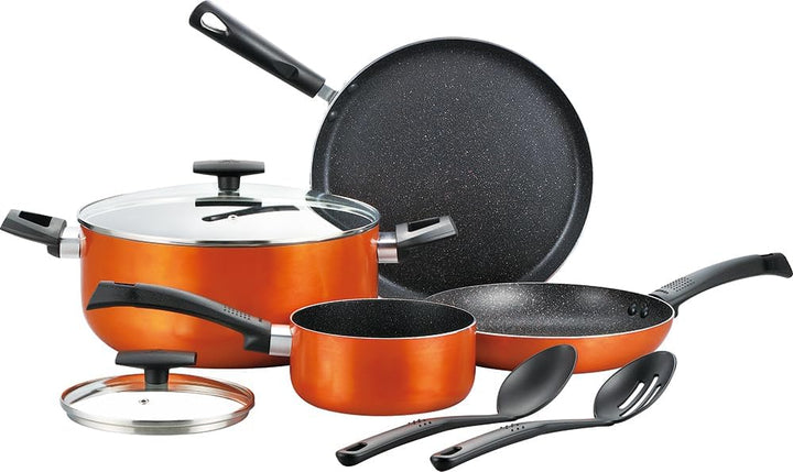 BERGNER ULTRA 8PCS COOKWARE SET, PRESSED ALUMINUM COOKING SET, INDUCTION BOTTOM COOKWARE, MARBLE+ NON-STICK COATING COOKING POTS, SUITABLE FOR ALL STOVES, METALIC ORANGE COLOR
