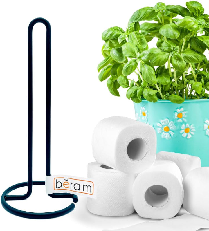 BERAM Tissue Holder for Kitchen Standing Natural Stainless Steel Black Paper Towel Stand Elevated Base Aesthetic Counter Top Rack Vertical Roll Stand for Hotels & Homes