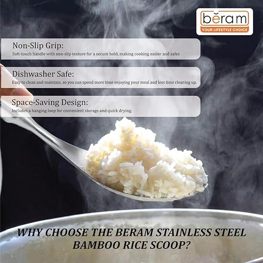 BERAM Cooking Utensils Set 304 Stainless Steel 6 Pieces Soup Spoon Spatula Slotted Turner Rice Scoop Pasta Server Skimmer Food Grade Kitchen Tools with Bamboo Shaped Handles