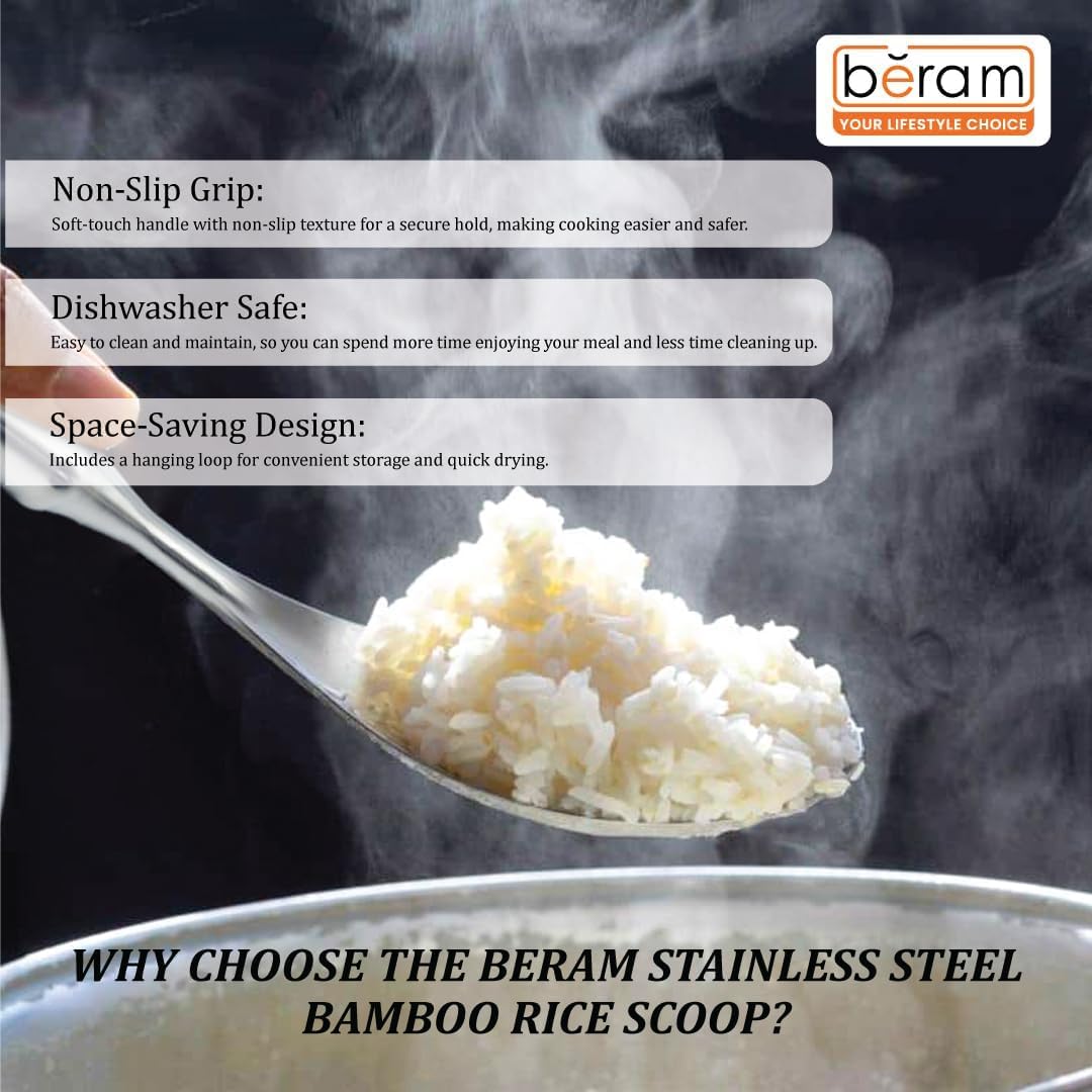 BERAM Cooking Utensils Set 304 Stainless Steel 6 Pieces Soup Spoon Spatula Slotted Turner Rice Scoop Pasta Server Skimmer Food Grade Kitchen Tools with Bamboo Shaped Handles