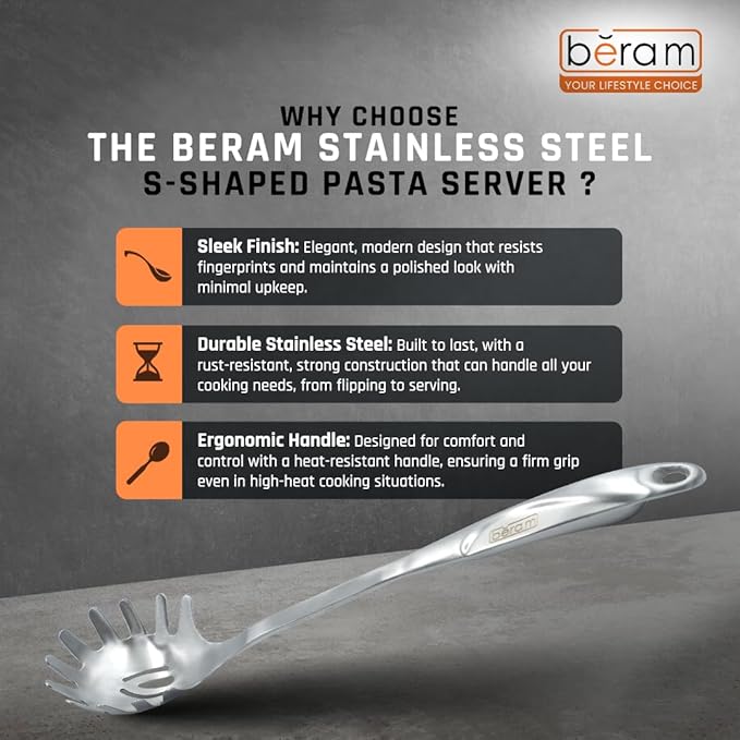BERAM Pasta Server Spoon Stainless Steel Matte Finish Food Grade Lightweight & Compact Serving Spoon Durable Cooking Tool for Kitchen Utensils Set