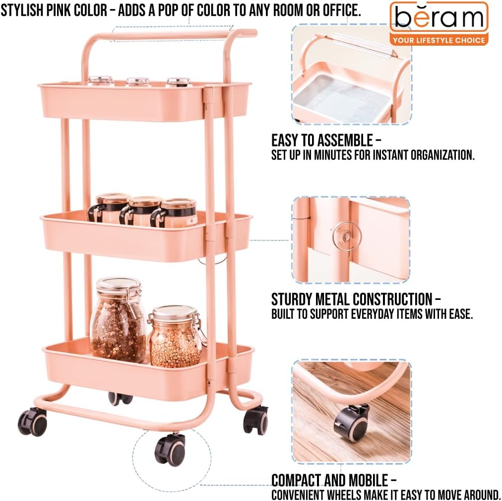 BERAM 3-Tier Metal Storage Rack with Handle & Smooth-Rolling Wheels Heavy-duty 3Basket Organizer for Kitchen Bathroom Pantry and Home Storage Durable Space Saving Pink