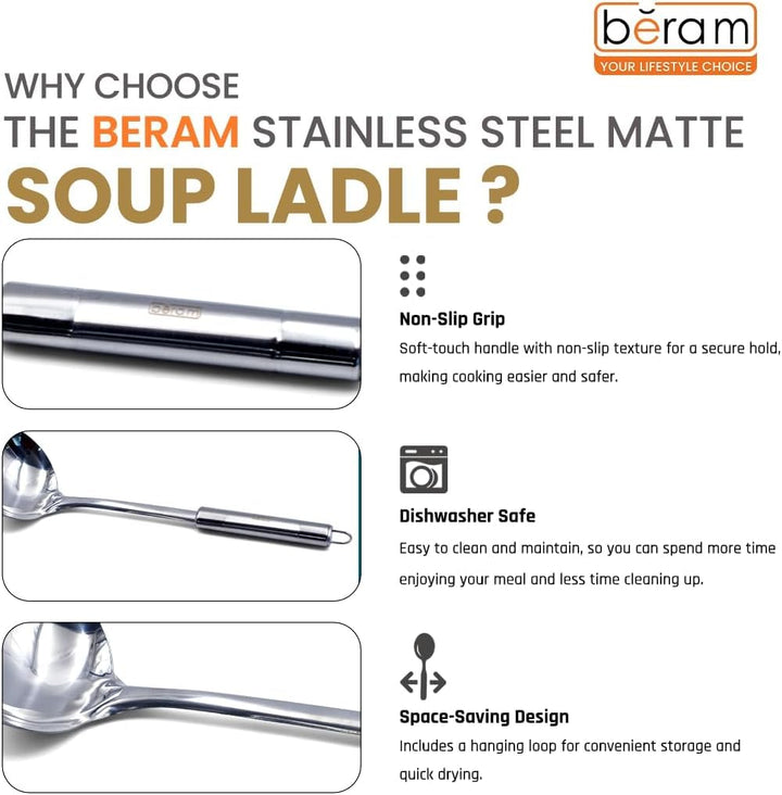 BERAM Stainless Steel Cooking Utensils Set – 6-Piece Kitchen Tool Set with Pasta Server Turner Spatula Skimmer Rice Scoop & Soup Ladle – Durable Matte Silver Cookware Utensils