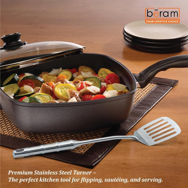 BERAM Cooking Utensils Set 304 Stainless Steel 6 Pieces Soup Spoon Spatula Slotted Turner Rice Scoop Pasta Server Skimmer Food Grade Kitchen Tools with Bamboo Shaped Handles