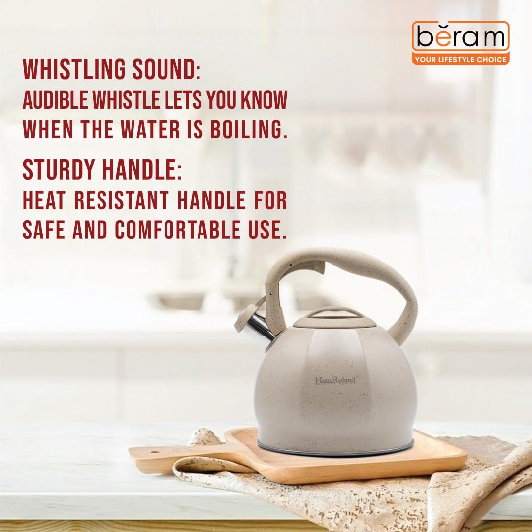 Haus Roland Whistling Kettle, Stovetop Tea Kettle, Stainless Teapot, 3 Liters with Dotted Grain Handles, Fast Boiling, Perfect for Homes, Picnics, and Parties