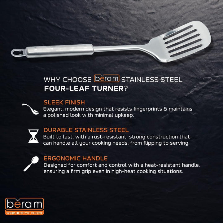 BERAM Cooking Turner, Cooking Utensils, 304 Stainless Steel Slotted Spatula, Kitchen Tools, 100% Food Grade, Silver with Four Leaf Handle Design