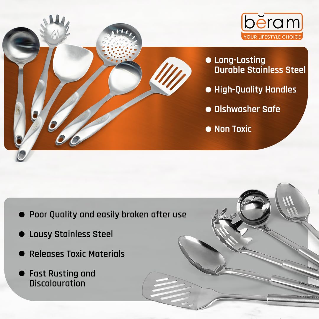 BERAM Cooking Utensils Set S-Shaped 304 Stainless Steel Silverware Cookware Set Includes Spatula Skimmer Soup Ladle Turner Pasta Server Rice Scoop with Multipurpose Stand