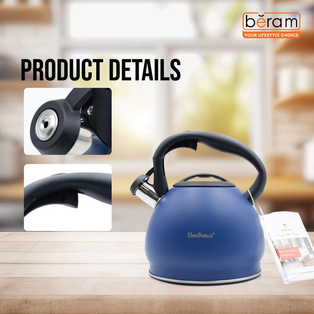 Haus Roland Whistling Kettle, Stainless Steel Tea Kettle, 3 Liters, Whistling Teapot, Ergonomic Handle Teapot, Lid with Nylon Knob, Suitable For Induction and Gas., Full Matte Design