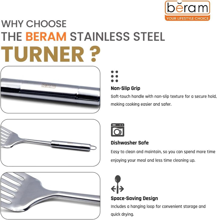 BERAM Stainless Steel Cooking Utensils Set – 6-Piece Kitchen Tool Set with Pasta Server Turner Spatula Skimmer Rice Scoop & Soup Ladle – Durable Matte Silver Cookware Utensils