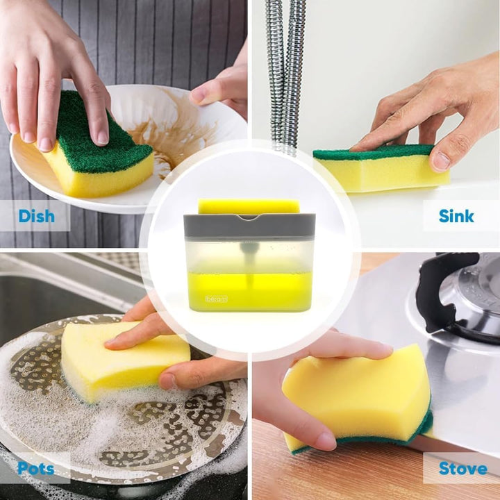BERAM 500ml Soap Dispenser with Sponge Holder, 2-in-1 Countertop Pump for Kitchen Sink, Dishwasher Soap Dispenser, Refillable with Cleaning Cloth Rack - Space-Saving Kitchen Organizer