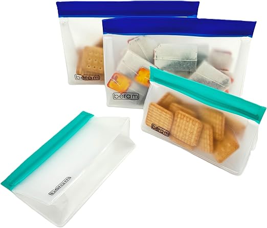 BERAM Reusable Storage Bags Standing Ziploc Containers Dishwasher Safe Leak Proof BPA Free PEVA Material Freezer Safe Lunch and Sandwich Bags Food Safe Picnic and Travel Bags