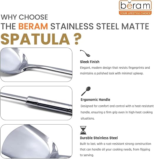 BERAM Stainless Steel Cooking Utensils Set – 6-Piece Kitchen Tool Set with Pasta Server Turner Spatula Skimmer Rice Scoop & Soup Ladle – Durable Matte Silver Cookware Utensils