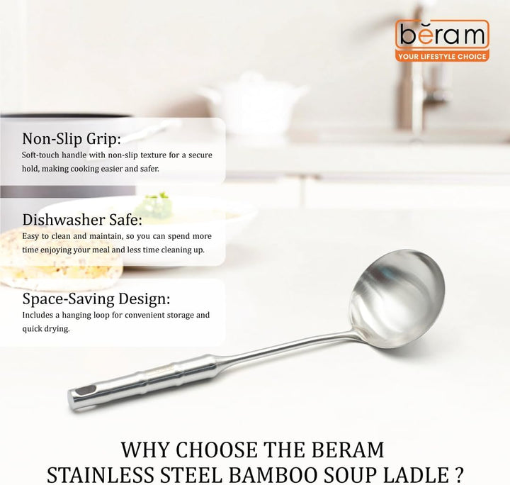 BERAM Cooking Utensils Set 304 Stainless Steel 6 Pieces Soup Spoon Spatula Slotted Turner Rice Scoop Pasta Server Skimmer Food Grade Kitchen Tools with Bamboo Shaped Handles