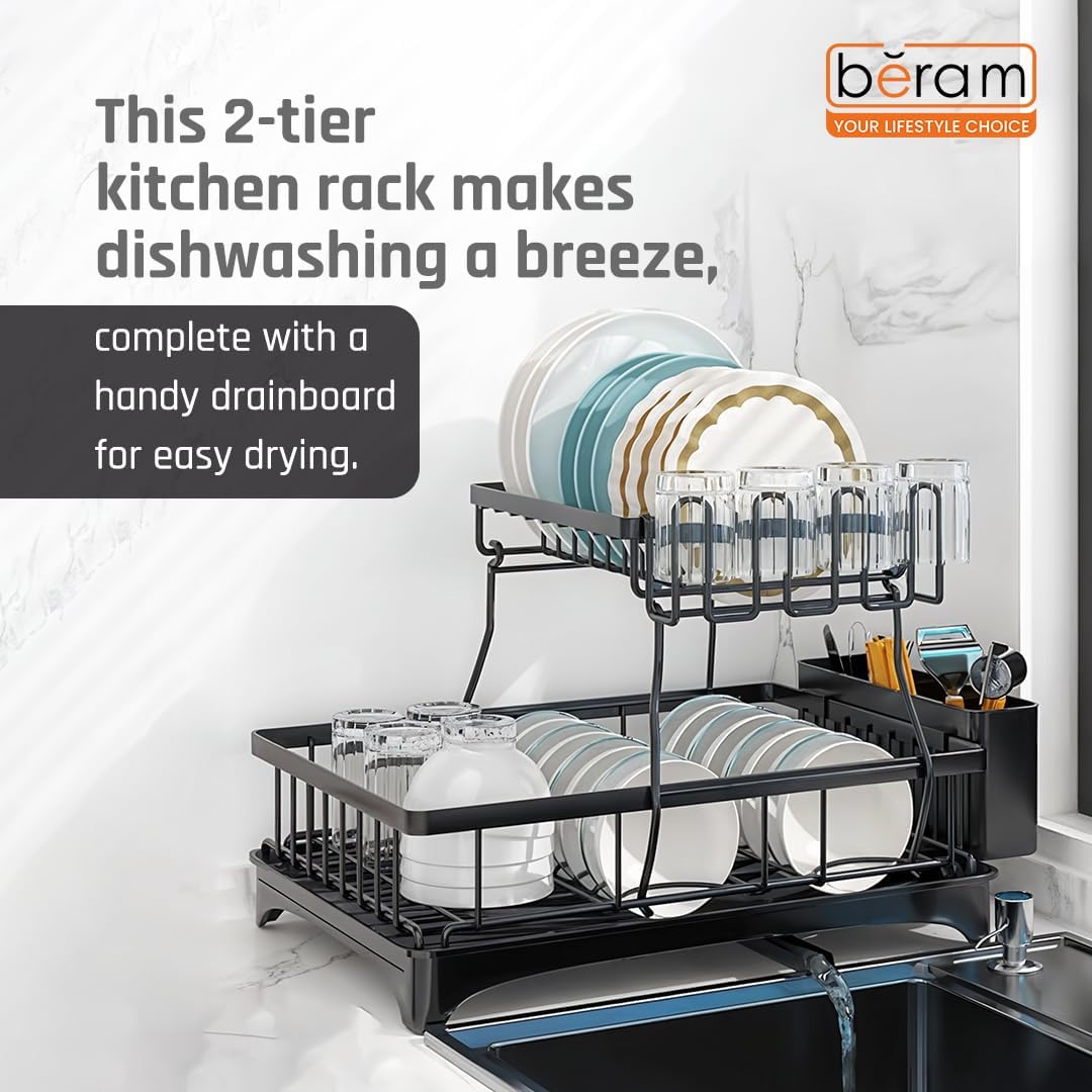 BERAM 2-Tier Stainless Steel Dish Drying Rack – Rust-Resistant Kitchen Organizer with Utensil Holder & Drainboard for Countertop Storage – Black