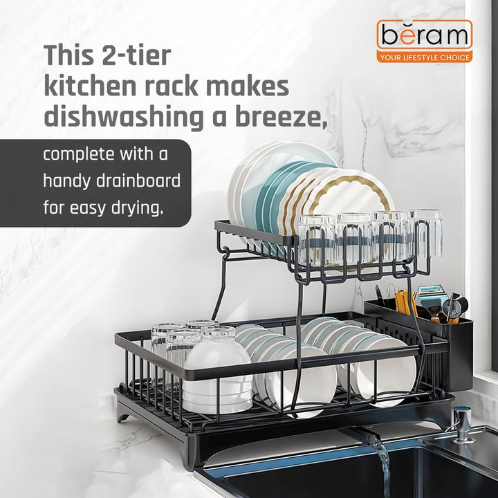 BERAM 2-Tier Stainless Steel Dish Drying Rack – Rust-Resistant Kitchen Organizer with Utensil Holder & Drainboard for Countertop Storage – Black