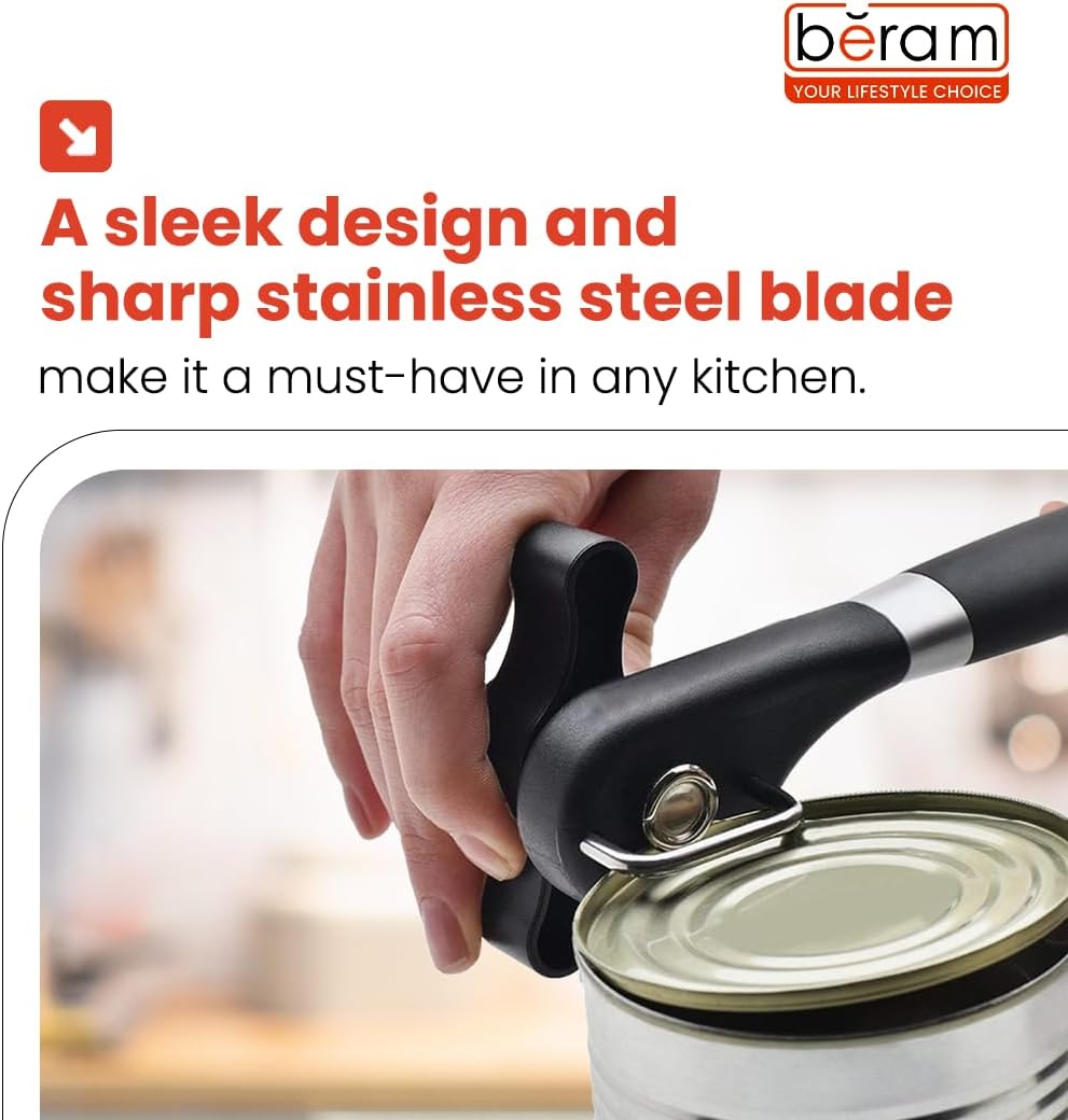 BERAM Manual Can Opener – Heavy Duty Stainless Steel Lid Opening Tool with Curved Handles – Handheld Multiopener with Sharp Blades & Smooth Edge Cutting