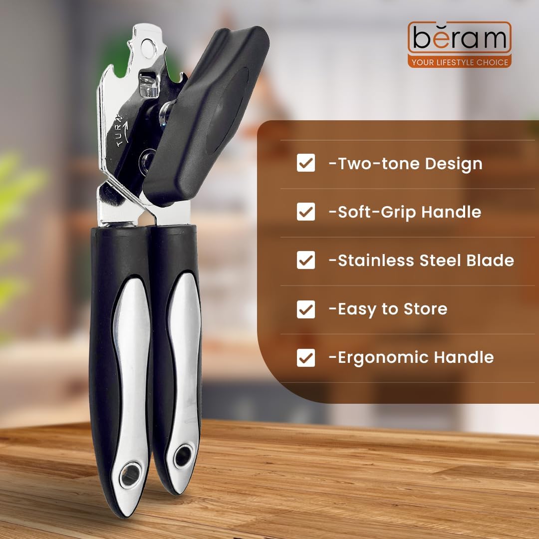 BERAM Manual Can Opener – Heavy Duty Stainless Steel Multi-Opener with Built-In Bottle Opener – Anti-Slip Grip, Large Turn Knob – Black & Silver Handheld Kitchen Tool