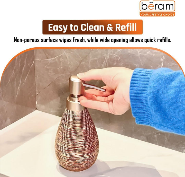 Beram 5PCS Brown Ceramic Bathroom Kitchen Accessory Set Natural Textured Design with Soap Dispenser brush Holder Tumbler Multifunction Holder & Soap Dish Rustic Boho Style (5PCS Set)