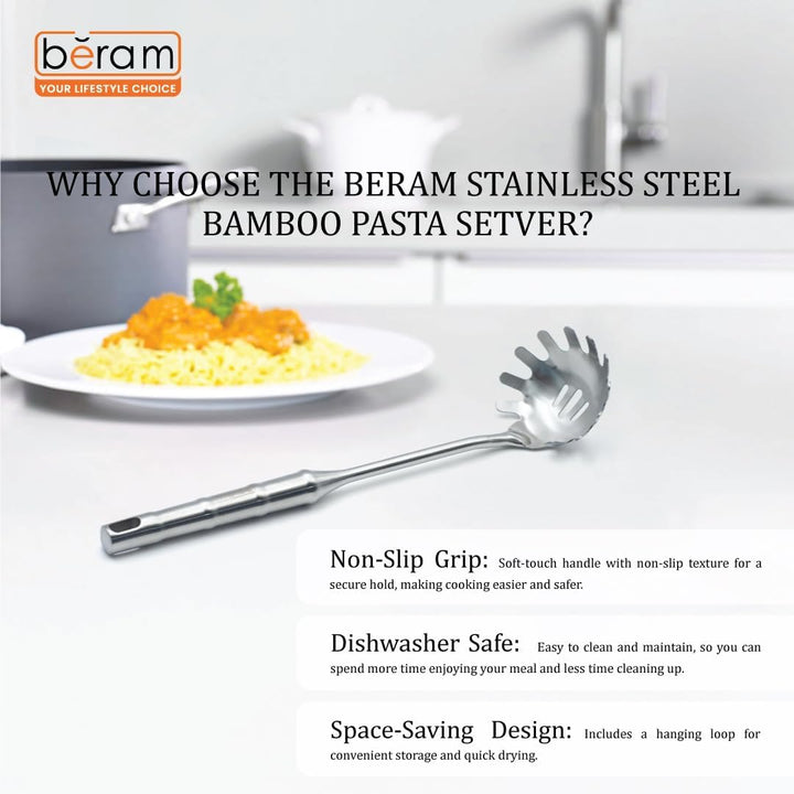 BERAM Cooking Utensils Set 304 Stainless Steel 6 Pieces Soup Spoon Spatula Slotted Turner Rice Scoop Pasta Server Skimmer Food Grade Kitchen Tools with Bamboo Shaped Handles