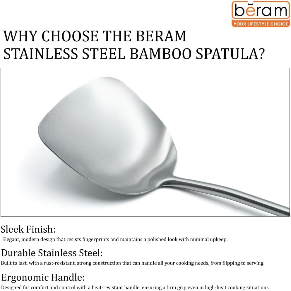 BERAM Cooking Utensils Set 304 Stainless Steel 6 Pieces Soup Spoon Spatula Slotted Turner Rice Scoop Pasta Server Skimmer Food Grade Kitchen Tools with Bamboo Shaped Handles