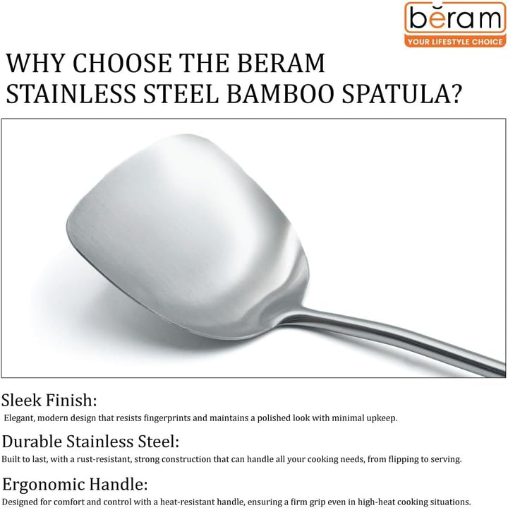 BERAM Cooking Utensils Set 304 Stainless Steel 6 Pieces Soup Spoon Spatula Slotted Turner Rice Scoop Pasta Server Skimmer Food Grade Kitchen Tools with Bamboo Shaped Handles