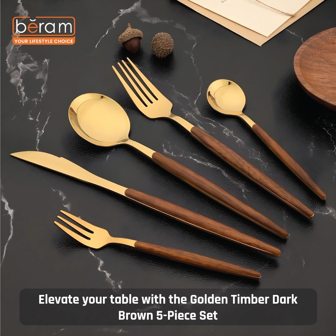 BERAM Golden Timber 5-Piece Cutlery Set – Gold Stainless Steel Flatware with Brown Wooden Handles – Elegant Dinnerware for Daily Use