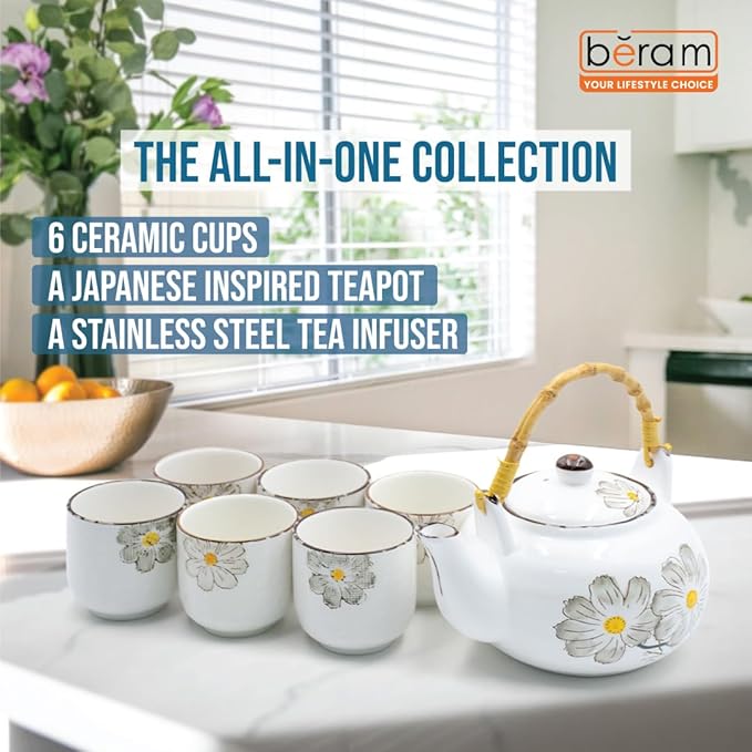 BERAM Porcelain Tea Sets, 5 Pieces Set with Unique Handles, Japanese Inspired Teapot and Cups Set, Scratch Resistant Decorative Tea Set with Gift Packaging, Tea Party Set  Grey