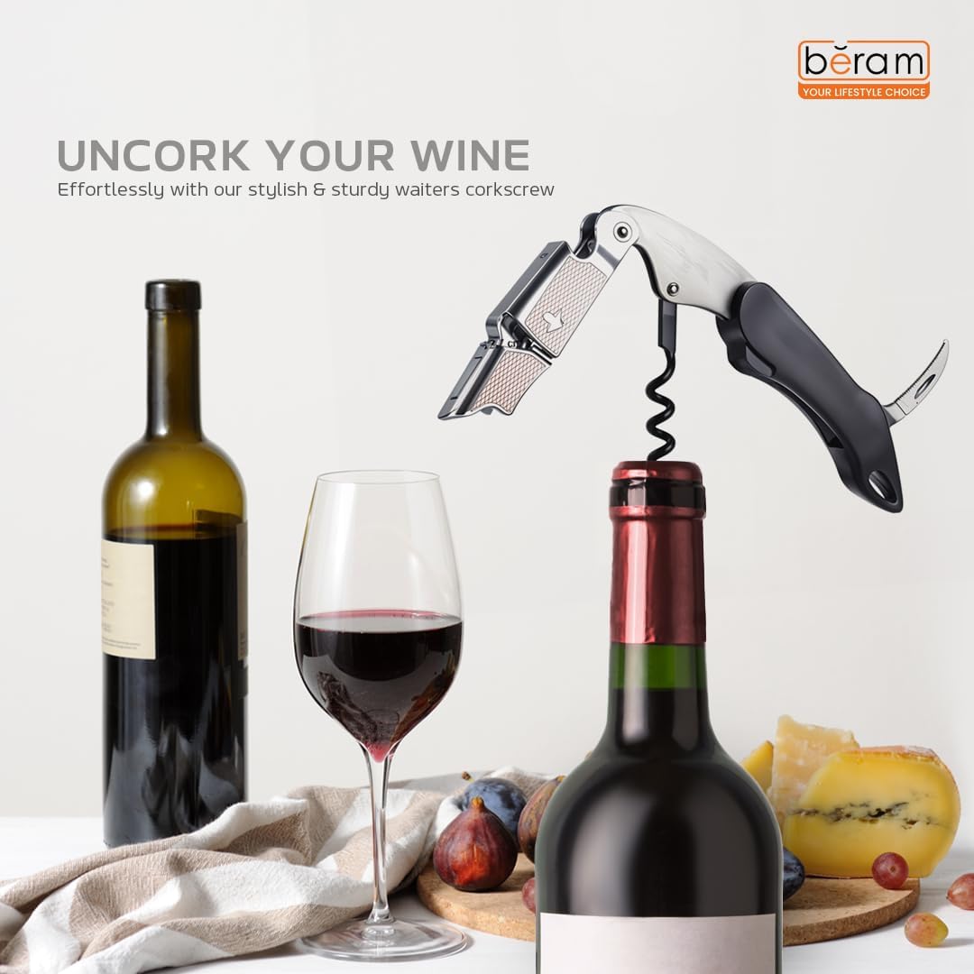 BERAM Multifunctional Opener, Waiters Corkscrew, Heavy Duty Stainless Steel Hinges, Bottle, Cork, Key Openers for Restaurant Waiters, Sommelier, Bartenders, Black