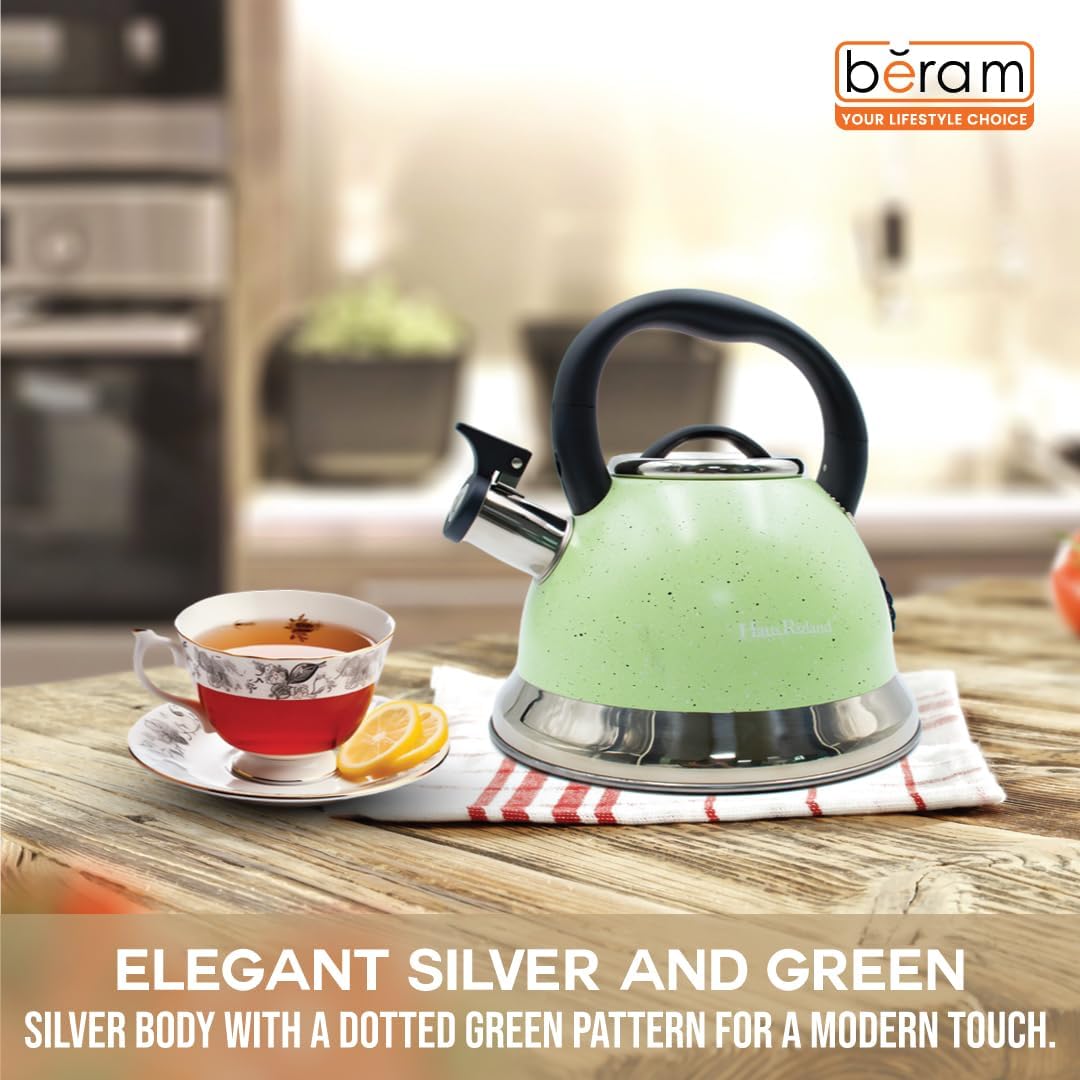 Haus Roland Whistling Kettle, Dotted Silver Striped, Stovetop Tea Kettle, Stainless Teapot, 3.5 Liters with Dotted Grain Handles, Fast Boiling, Perfect for Homes, Picnics, and Parties