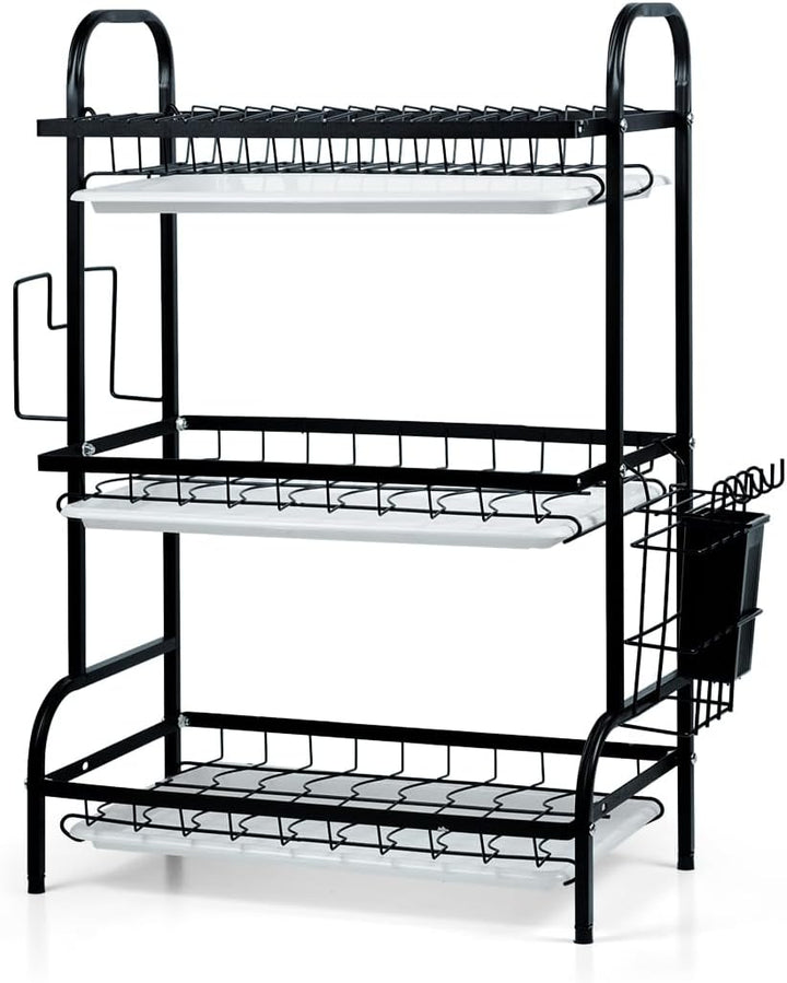 BERAM 3-Tier Dish Drying Rack – Rust-Proof Carbon Steel Kitchen Organizer with Utensil Holder, Knife Block, Cutting Board Rack & Drip Tray – Black