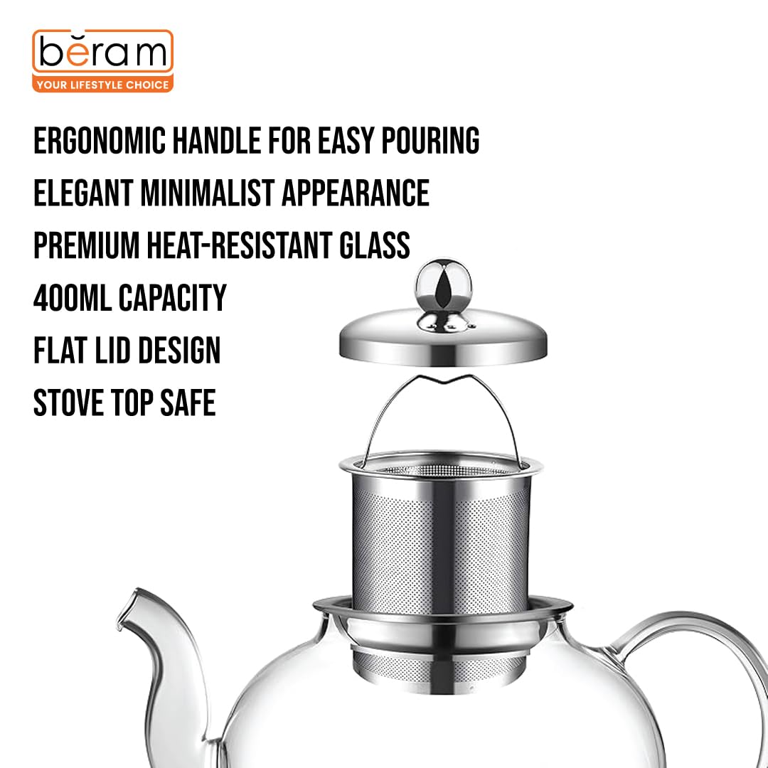 BERAM Glass Teapot with Infuser – 400ml Borosilicate Clear Tea Kettle with Removable 18/8 Stainless Steel Infuser, Stovetop Safe, Handcrafted Loose Leaf Tea Brewer for Home