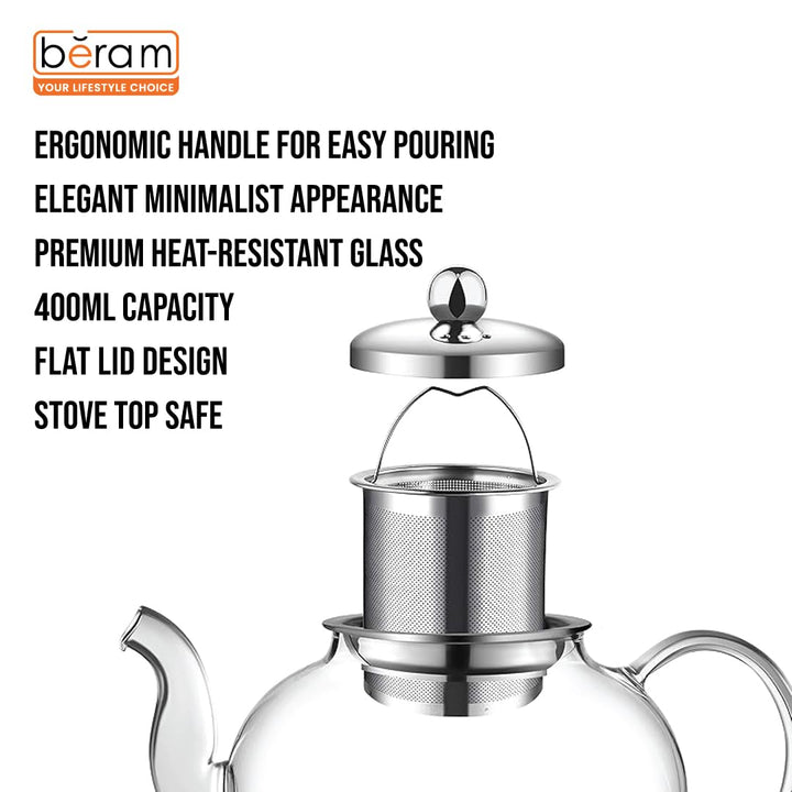 BERAM Glass Teapot with Infuser – 400ml Borosilicate Clear Tea Kettle with Removable 18/8 Stainless Steel Infuser, Stovetop Safe, Handcrafted Loose Leaf Tea Brewer for Home