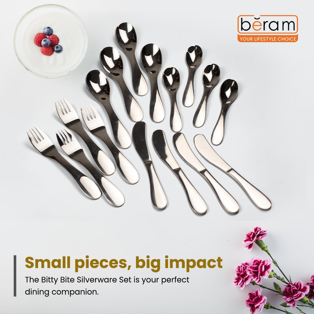 BERAM Tiny Bite Children’s Cutlery Set 18/10 Stainless Steel Flatware with Elegant Handles – Perfect Toddler Tableware