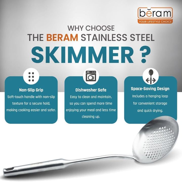 BERAM Stainless Steel Plain Handle Cooking Set, 304 Utensils Set of 6 with Stand – Pasta Server, Rice Scoop, Turner, Spatula, Soup Ladle, Skimmer – Kitchen Tools for Daily Use