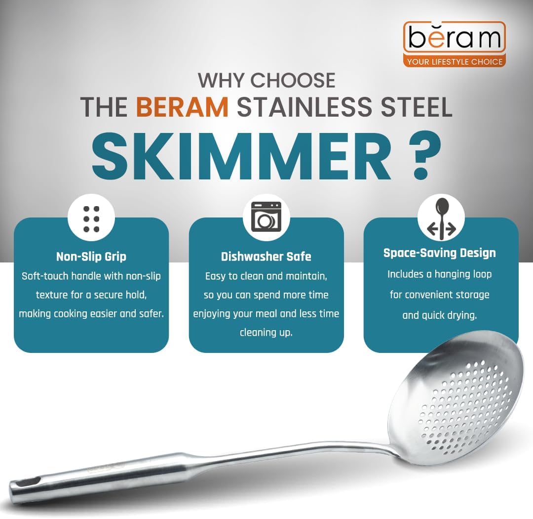 BERAM Stainless Steel Plain Handle Cooking Set, 304 Utensils Set of 6 with Stand – Pasta Server, Rice Scoop, Turner, Spatula, Soup Ladle, Skimmer – Kitchen Tools for Daily Use