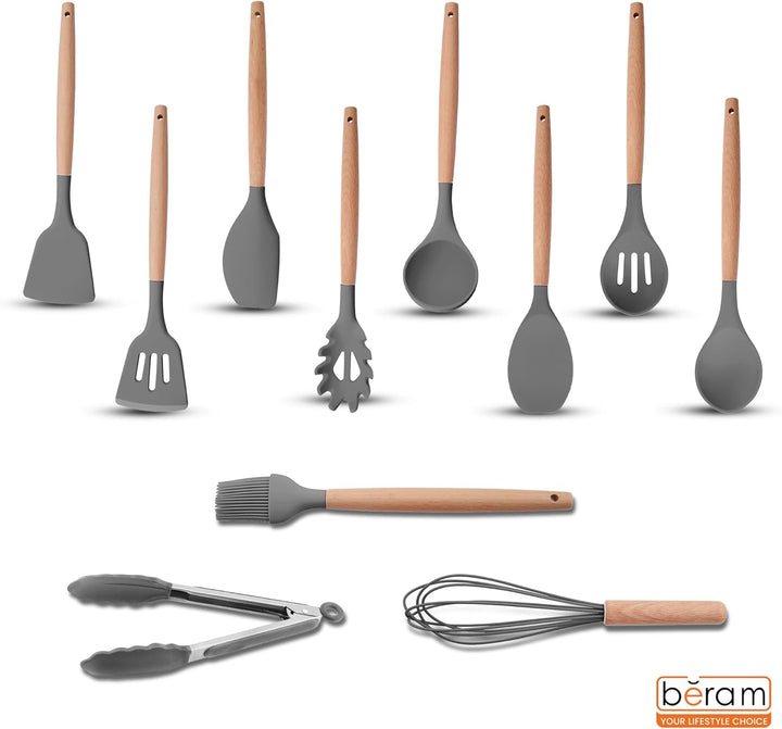 BERAM 19 Pieces Knife Set for Kitchen Cooking Utensils Set Tongs Spoon Spatula & Turner Made of Heat Resistant Silicone with Wooden Handles Non-Stick Kitchen Knife Sets