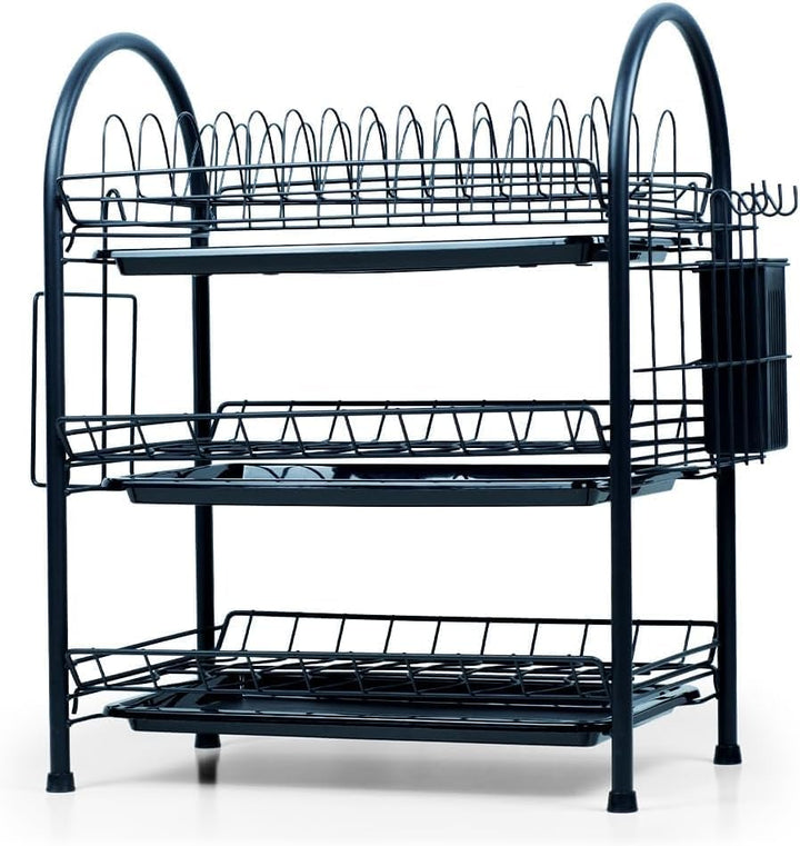 BERAM 3-Tier Dish Drying Rack – Large Capacity Kitchen Organizer with Utensil Holder, Knife Block, Cutting Board Rack & Drip Tray – Rust-Proof Dish Drainer Stand – Black