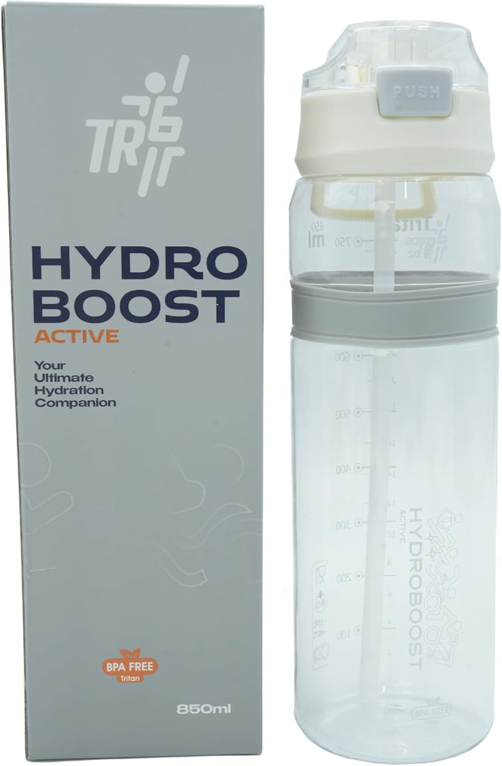 TR6 Hydro Boost Active Clear Water Bottle BPA Free Tritan Sports Bottle with Lockable Flip Lid Leakproof & Durable Ideal for Gym Office Outdoor Travel School 850ml