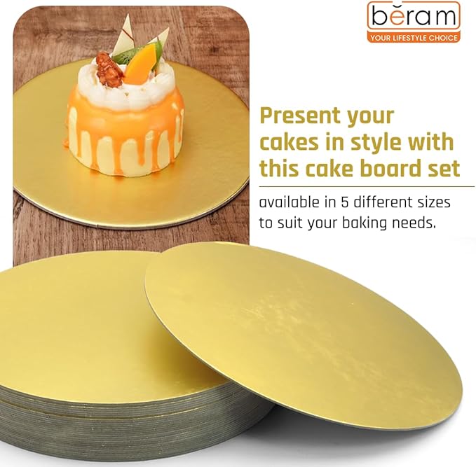 BERAM Disposable Cake Boards Gold Set of 5 Round and Reusable Food-Grade Cardboard  for Cakes  Cupcakes  Cookies and More Baking Display Stand Bakery Presentation Board