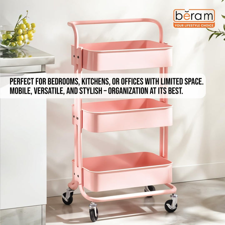 BERAM 3-Tier Metal Storage Rack with Handle & Smooth-Rolling Wheels Heavy-duty 3Basket Organizer for Kitchen Bathroom Pantry and Home Storage Durable Space Saving Pink