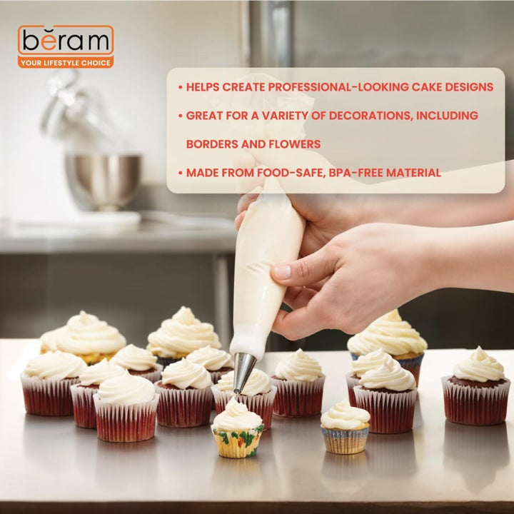 Beram 50 Pcs Reusable Piping Bags and 24 Pcs Stainless Steel Nozzle Set Cake Decorating Kit with Icing Tips Couplers Pastry Bags for Cupcakes Cookies and Baking Tools Accessories