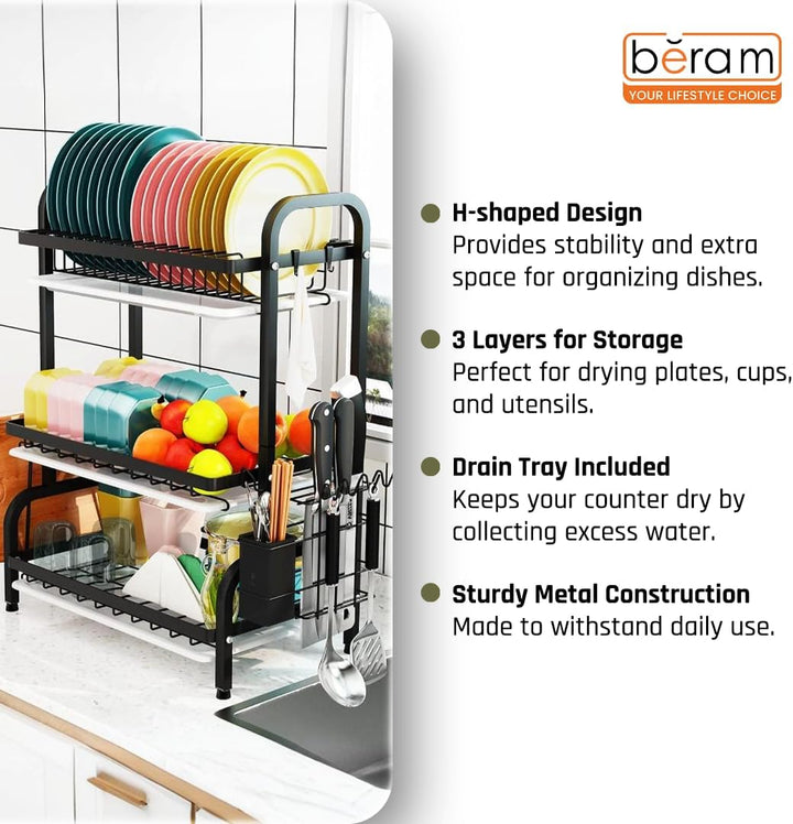 BERAM 3-Tier Dish Drying Rack – Rust-Proof Carbon Steel Kitchen Organizer with Utensil Holder, Knife Block, Cutting Board Rack & Drip Tray – Black
