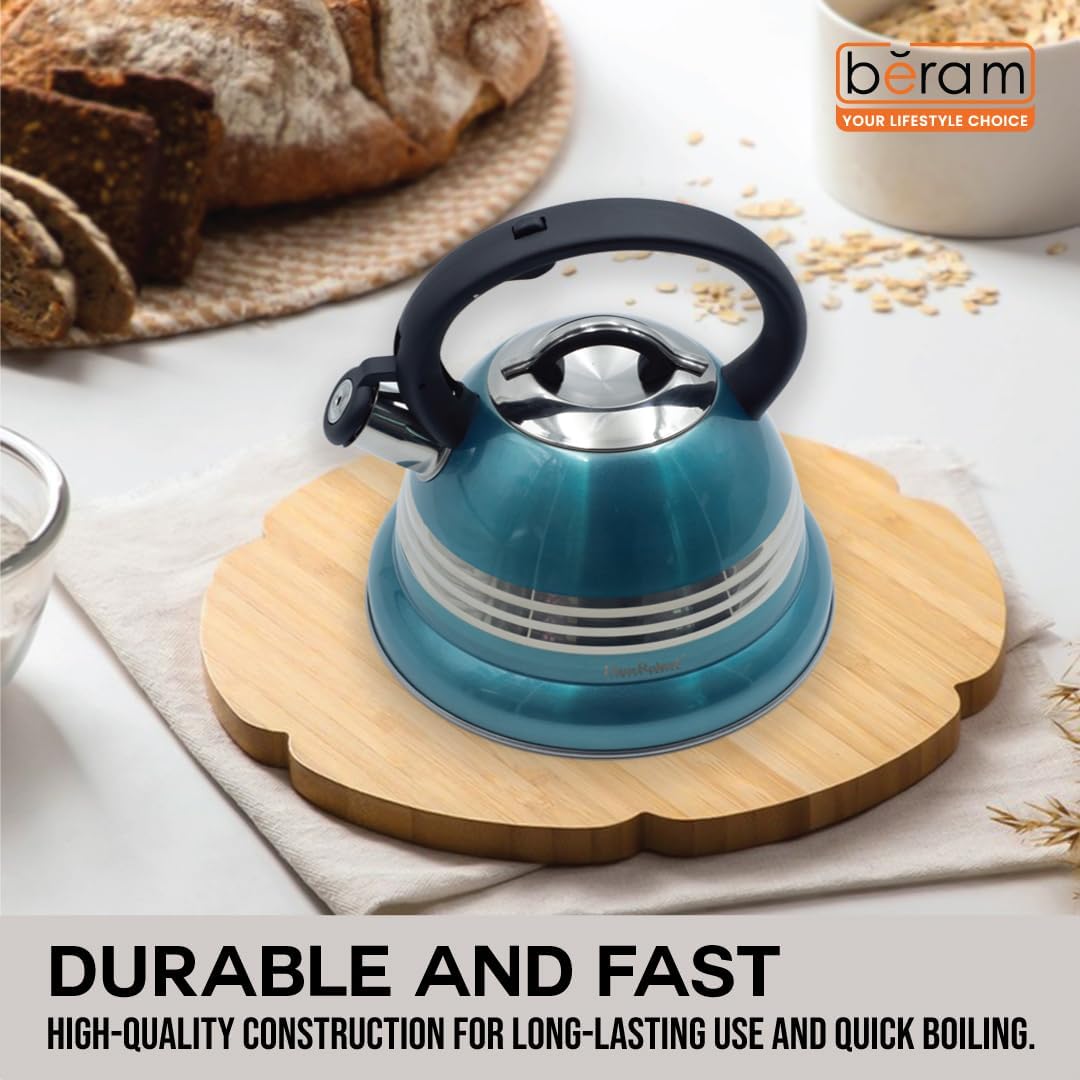 Haus Roland Stainless Steel Tea Kettle, 3 Litres, Whistling Teapot, Stove Top, Stone Finish, Anti-Hot Handle, Anti-Rust, Loud Whistle, Fast Boiling Kitchen Utensil