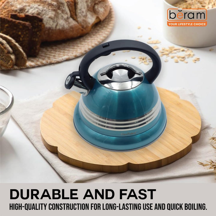 Haus Roland Stainless Steel Tea Kettle, 3 Litres, Whistling Teapot, Stove Top, Stone Finish, Anti-Hot Handle, Anti-Rust, Loud Whistle, Fast Boiling Kitchen Utensil