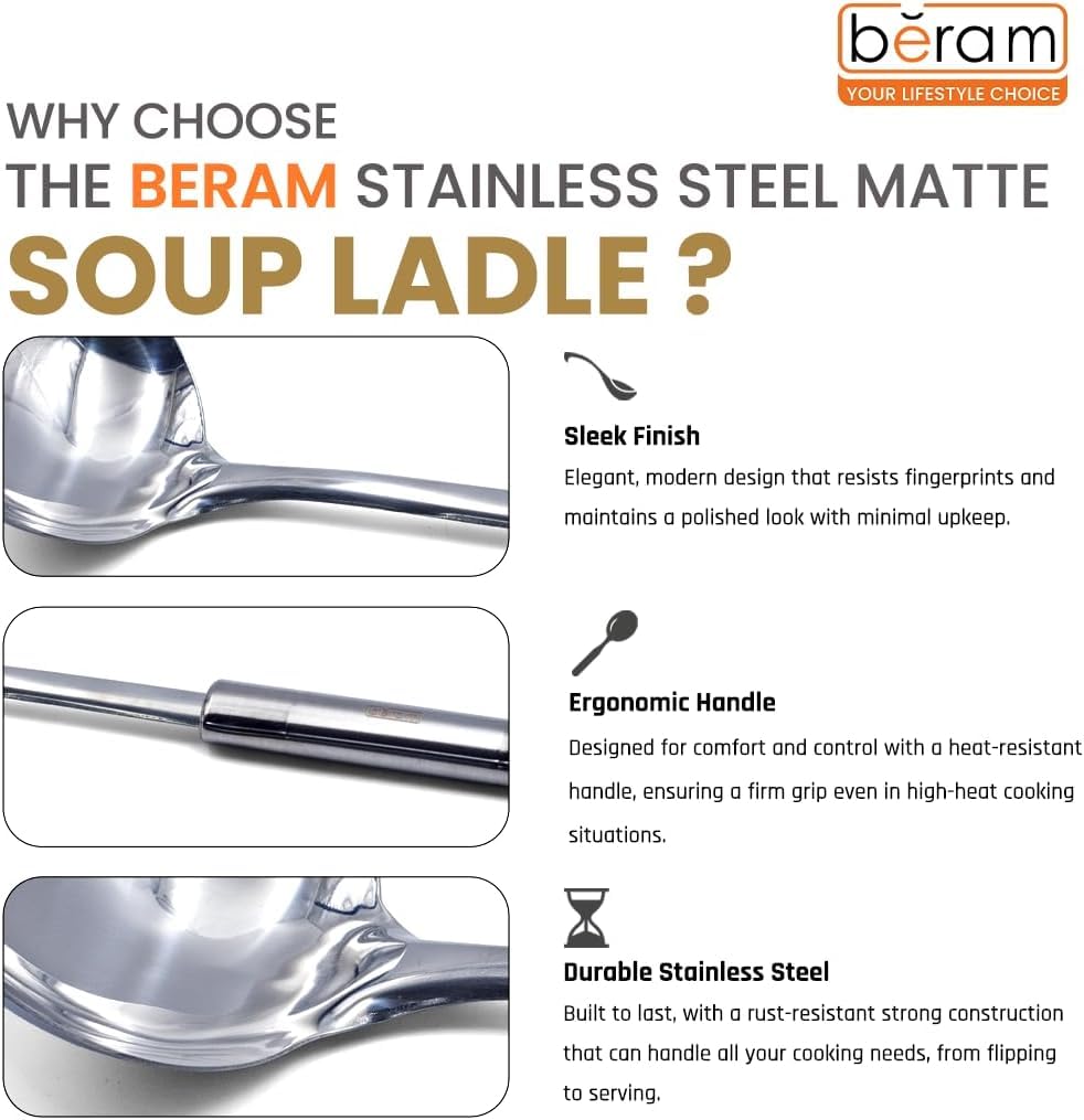BERAM Stainless Steel Cooking Utensils Set – 6-Piece Kitchen Tool Set with Pasta Server Turner Spatula Skimmer Rice Scoop & Soup Ladle – Durable Matte Silver Cookware Utensils