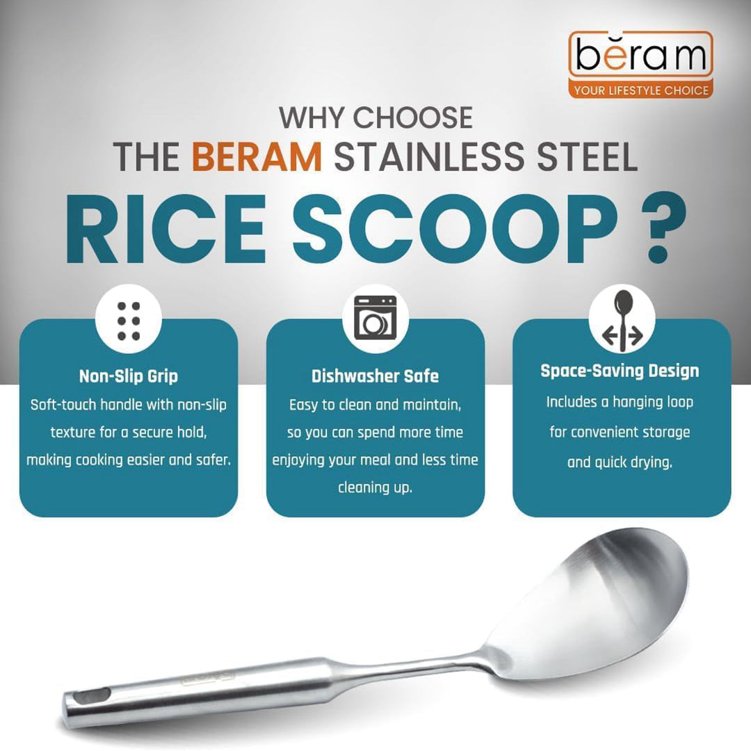 BERAM Stainless Steel Rice Scoop, Cooking Utensil, Kitchen Tool, 100% Food Grade, Non-Stick, Compact, Lightweight, Elegant Design, Silver