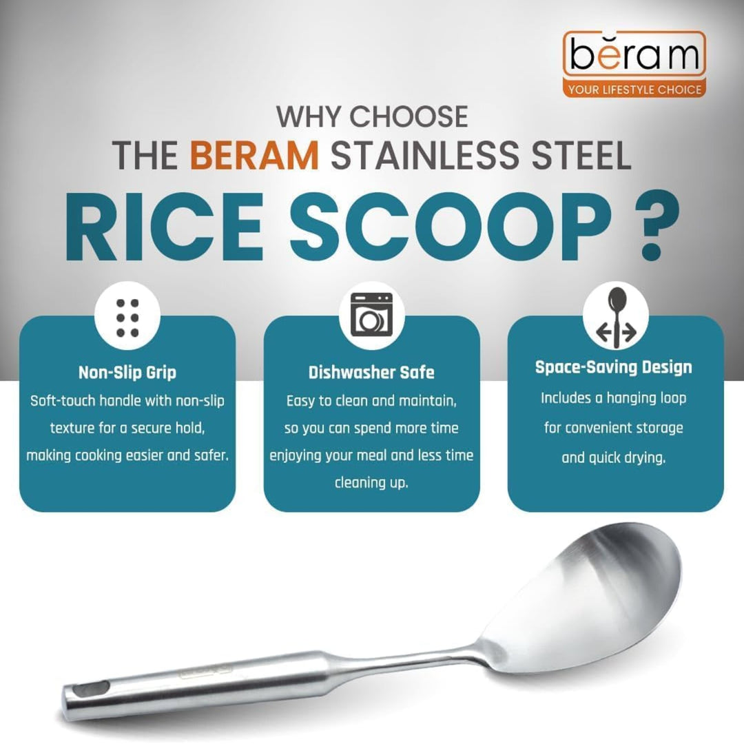 BERAM Stainless Steel Plain Handle Cooking Set, 304 Utensils Set of 6 with Stand – Pasta Server, Rice Scoop, Turner, Spatula, Soup Ladle, Skimmer – Kitchen Tools for Daily Use